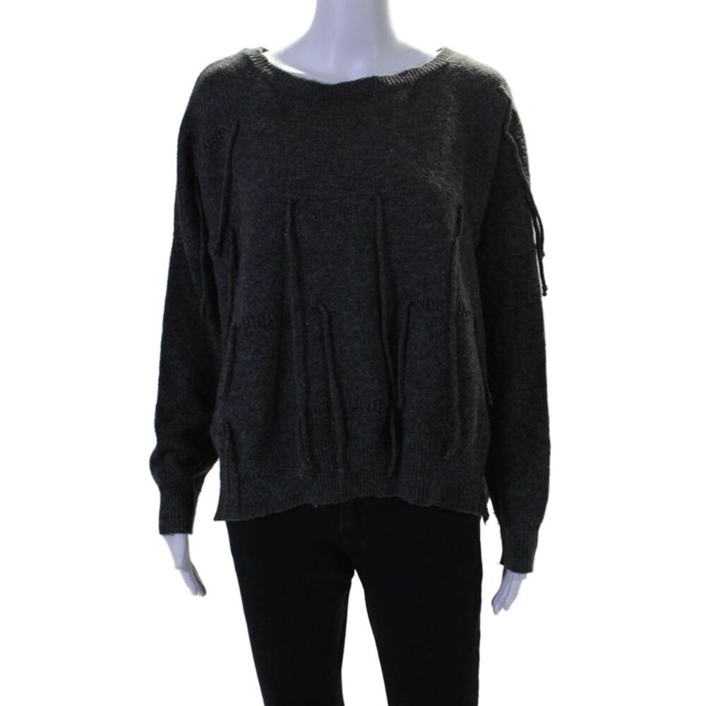Sweewe Womens Long Sleeve Scoop Neck Fringe Oversized Sweater Gray Size Small